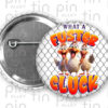 What a Fuster Cluck pin back button with chicken wire background
