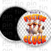 What a Fuster Cluck magnet button with chicken wire background